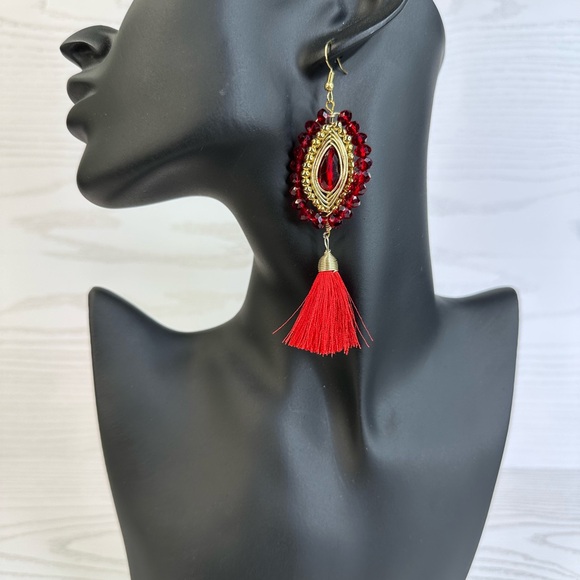 New handmade Elegant Red and gold Tassel Earrings 14k gold platted - Picture 1 of 3